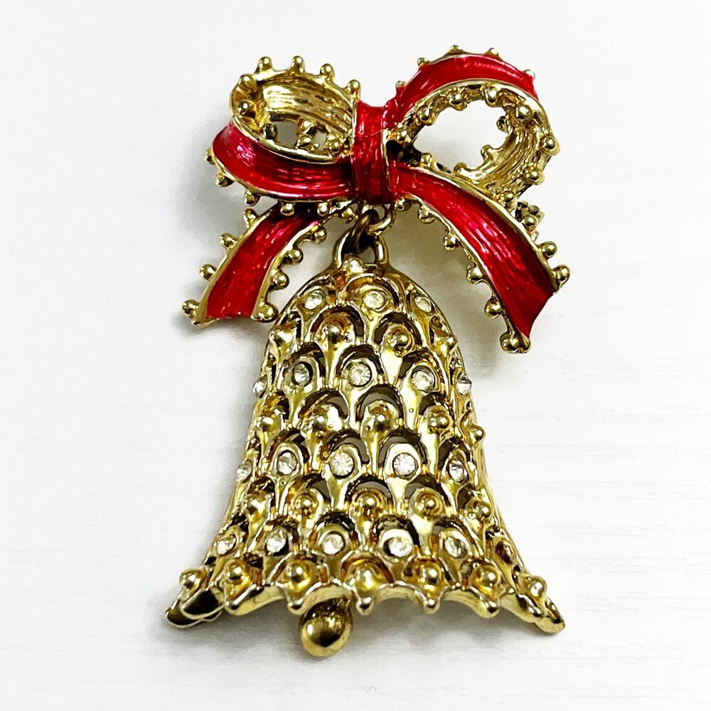 Vintage Goldtone Christmas Bell Brooch Marked Lancer II